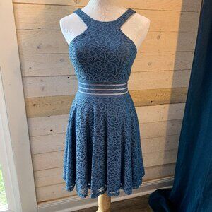 EUC City Studio | Size 5 | Blue | Lace, Sheer Midriff, Flare Skirt Dress